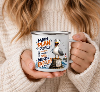 Mein Plan für heute Mission erfüllt |Emaille Tasse Lustige Möwe | Maritime Tasse Nordsee Ostsee | Camping Emaille Becher 350 ml Emaille Tasse
