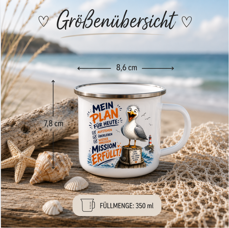 Mein Plan für heute Mission erfüllt |Emaille Tasse Lustige Möwe | Maritime Tasse Nordsee Ostsee | Camping Emaille Becher 350 ml Emaille Tasse