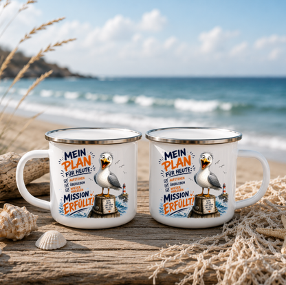 Mein Plan für heute Mission erfüllt |Emaille Tasse Lustige Möwe | Maritime Tasse Nordsee Ostsee | Camping Emaille Becher 350 ml Emaille Tasse
