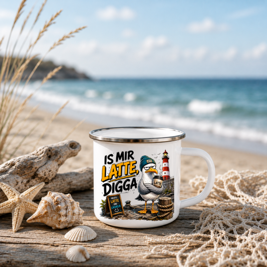 Is mir Latte Digga |Emaille Tasse Lustige Möwe | Maritime Tasse Nordsee Ostsee | Camping Emaille Becher 350 ml Emaille Tasse