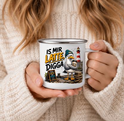 Is mir Latte Digga |Emaille Tasse Lustige Möwe | Maritime Tasse Nordsee Ostsee | Camping Emaille Becher 350 ml Emaille Tasse