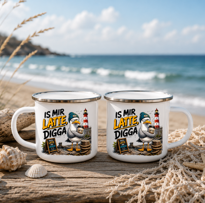 Is mir Latte Digga |Emaille Tasse Lustige Möwe | Maritime Tasse Nordsee Ostsee | Camping Emaille Becher 350 ml Emaille Tasse