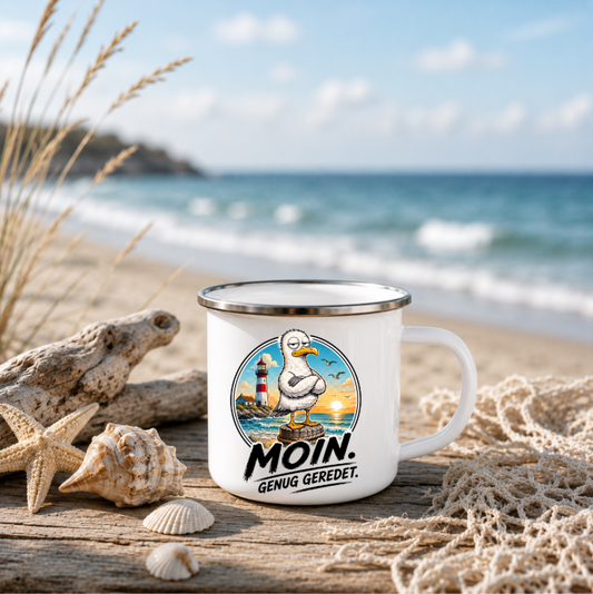Moin Genug geredet |Emaille Tasse Lustige Möwe | Maritime Tasse Nordsee Ostsee | Camping Emaille Becher 350 ml Emaille Tasse