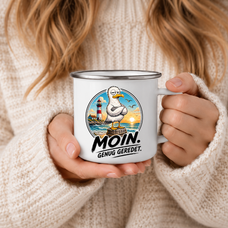 Moin Genug geredet |Emaille Tasse Lustige Möwe | Maritime Tasse Nordsee Ostsee | Camping Emaille Becher 350 ml Emaille Tasse