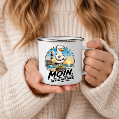 Moin Genug geredet |Emaille Tasse Lustige Möwe | Maritime Tasse Nordsee Ostsee | Camping Emaille Becher 350 ml Emaille Tasse