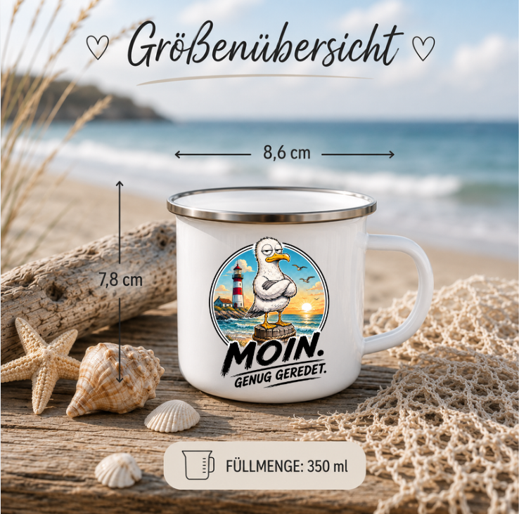 Moin Genug geredet |Emaille Tasse Lustige Möwe | Maritime Tasse Nordsee Ostsee | Camping Emaille Becher 350 ml Emaille Tasse