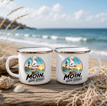 Moin Genug geredet |Emaille Tasse Lustige Möwe | Maritime Tasse Nordsee Ostsee | Camping Emaille Becher 350 ml Emaille Tasse