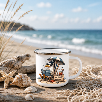 Nicht stören ich bin am Chillen |Emaille Tasse Lustige Möwe | Maritime Tasse Nordsee Ostsee | Camping Emaille Becher 350 ml Emaille Tasse