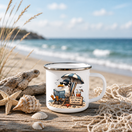 Nicht stören ich bin am Chillen |Emaille Tasse Lustige Möwe | Maritime Tasse Nordsee Ostsee | Camping Emaille Becher 350 ml Emaille Tasse