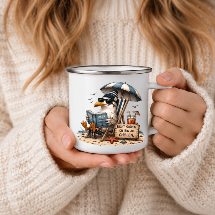 Nicht stören ich bin am Chillen |Emaille Tasse Lustige Möwe | Maritime Tasse Nordsee Ostsee | Camping Emaille Becher 350 ml Emaille Tasse