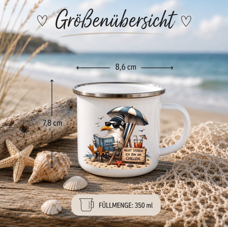 Nicht stören ich bin am Chillen |Emaille Tasse Lustige Möwe | Maritime Tasse Nordsee Ostsee | Camping Emaille Becher 350 ml Emaille Tasse
