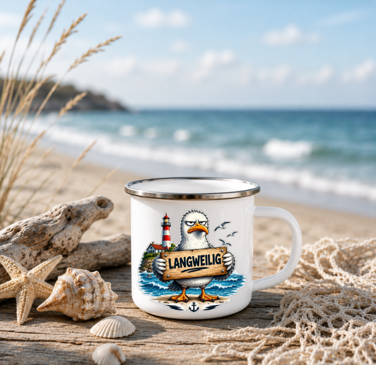 Langweilig? Nicht mit mir! |Emaille Tasse Lustige Möwe | Maritime Tasse Nordsee Ostsee | Camping Emaille Becher 350 ml Emaille Tasse