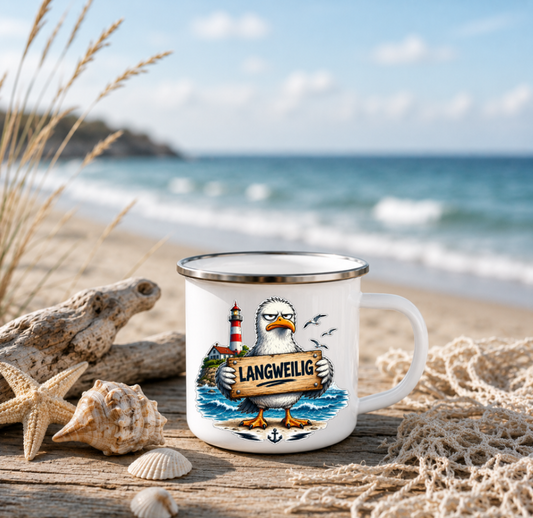 Langweilig? Nicht mit mir! |Emaille Tasse Lustige Möwe | Maritime Tasse Nordsee Ostsee | Camping Emaille Becher 350 ml Emaille Tasse