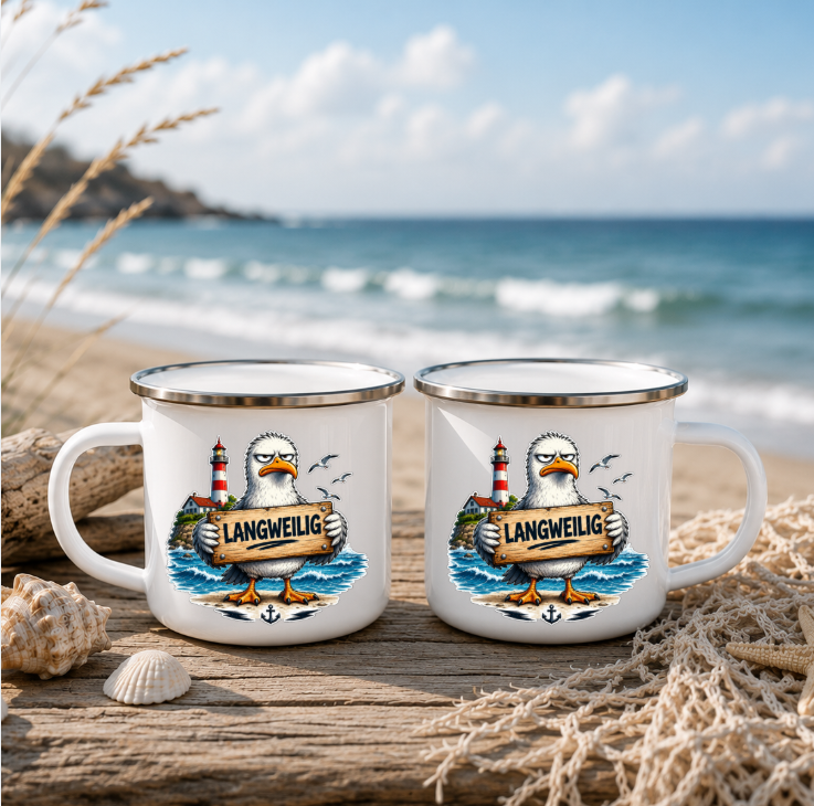 Langweilig? Nicht mit mir! |Emaille Tasse Lustige Möwe | Maritime Tasse Nordsee Ostsee | Camping Emaille Becher 350 ml Emaille Tasse