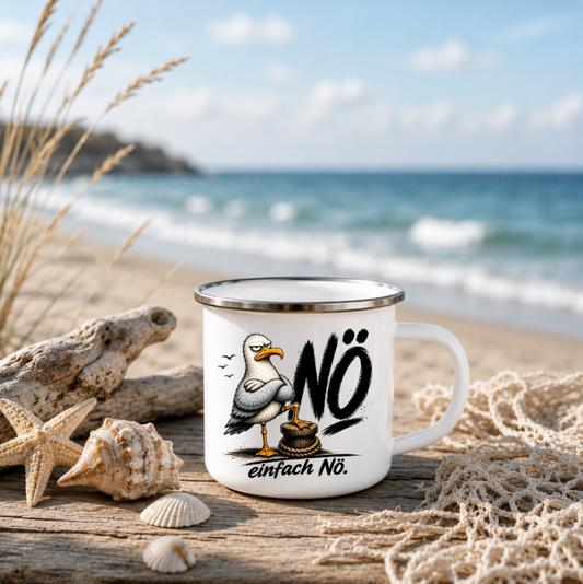 Nö einfach Nö |Emaille Tasse Lustige Möwe | Maritime Tasse Nordsee Ostsee | Camping Emaille Becher 350 ml Emaille Tasse