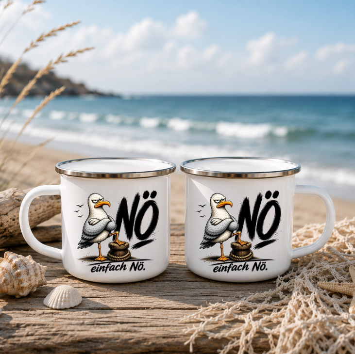 Nö einfach Nö |Emaille Tasse Lustige Möwe | Maritime Tasse Nordsee Ostsee | Camping Emaille Becher 350 ml Emaille Tasse