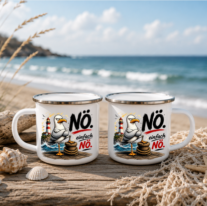 Nö einfach Nö 2 |Emaille Tasse Lustige Möwe | Maritime Tasse Nordsee Ostsee | Camping Emaille Becher 350 ml Emaille Tasse