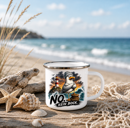 NO. Kein Bock.|Emaille Tasse Lustige Möwe | Maritime Tasse Nordsee Ostsee | Camping Emaille Becher 350 ml Emaille Tasse