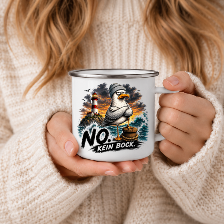 NO. Kein Bock.|Emaille Tasse Lustige Möwe | Maritime Tasse Nordsee Ostsee | Camping Emaille Becher 350 ml Emaille Tasse