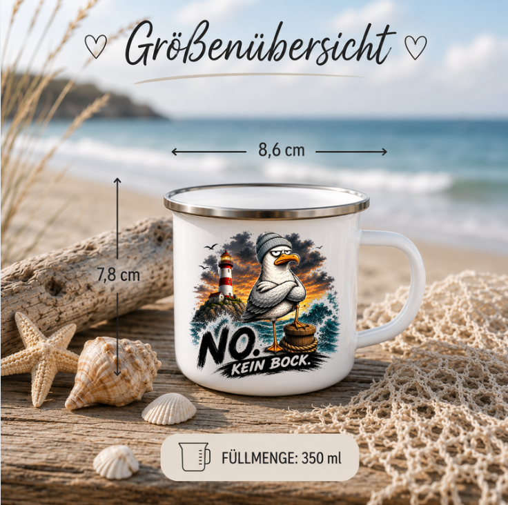 NO. Kein Bock.|Emaille Tasse Lustige Möwe | Maritime Tasse Nordsee Ostsee | Camping Emaille Becher 350 ml Emaille Tasse