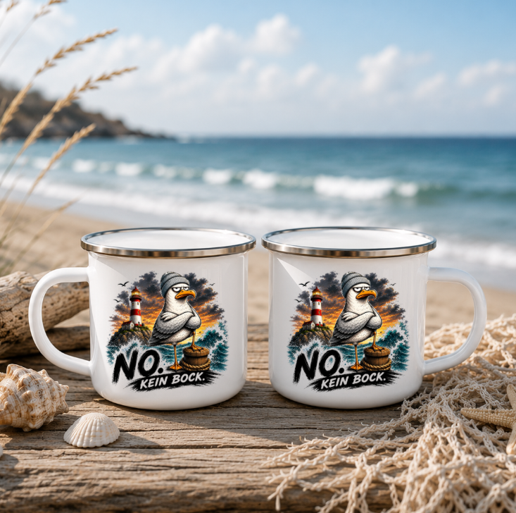 NO. Kein Bock.|Emaille Tasse Lustige Möwe | Maritime Tasse Nordsee Ostsee | Camping Emaille Becher 350 ml Emaille Tasse