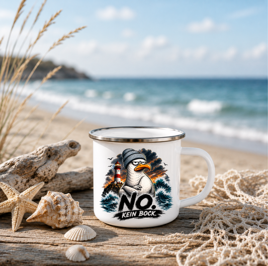 NO. Kein Bock. 2 |Emaille Tasse Lustige Möwe | Maritime Tasse Nordsee Ostsee