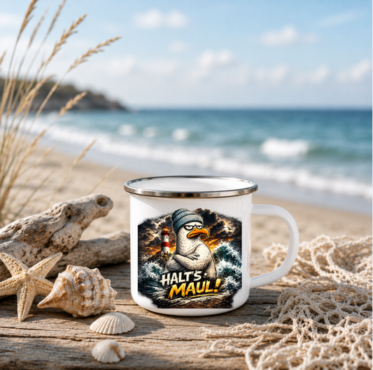 Halt's Maul!|Emaille Tasse Lustige Möwe | Maritime Tasse Nordsee Ostsee