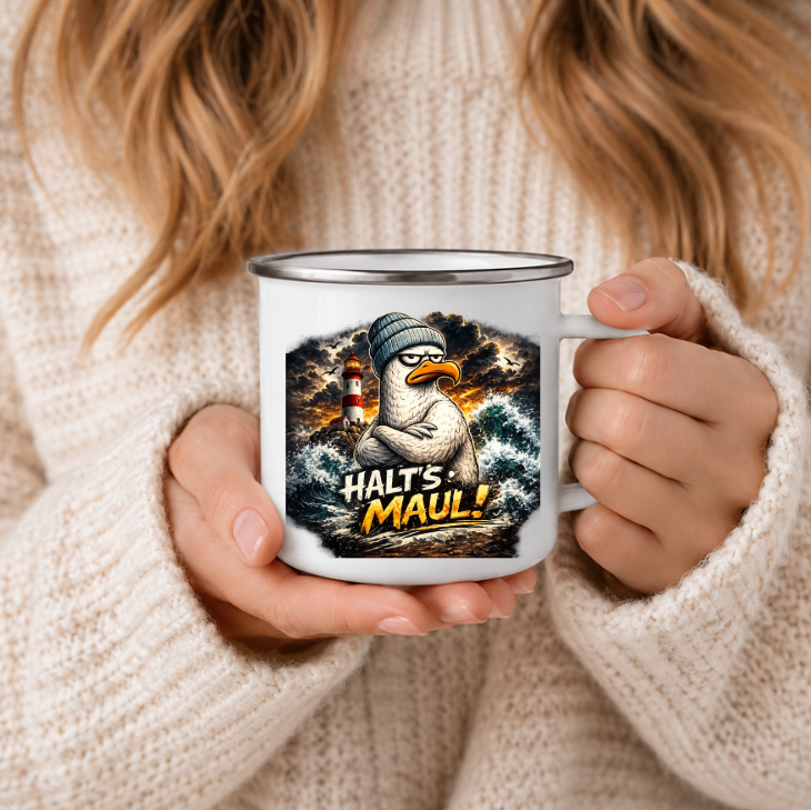 Halt's Maul!|Emaille Tasse Lustige Möwe | Maritime Tasse Nordsee Ostsee