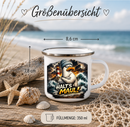 Halt's Maul!|Emaille Tasse Lustige Möwe | Maritime Tasse Nordsee Ostsee