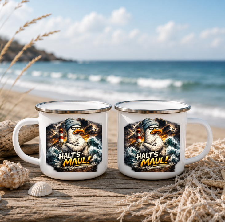 Halt's Maul!|Emaille Tasse Lustige Möwe | Maritime Tasse Nordsee Ostsee