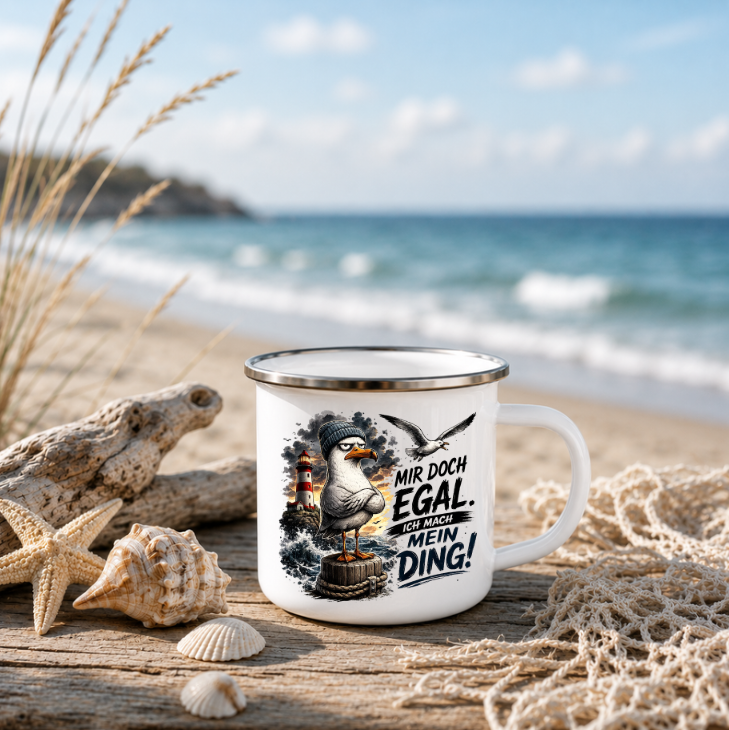 Mir doch egal, ich mach mein Ding! |Emaille Tasse Lustige Möwe | Maritime Tasse Nordsee Ostsee