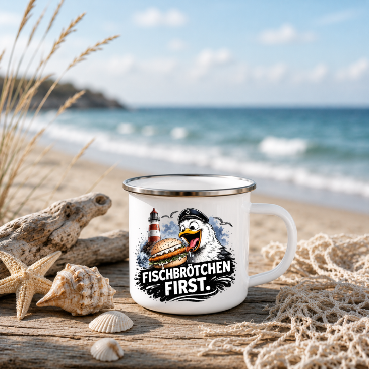 Fischbrötchen First |Emaille Tasse Lustige Möwe | Maritime Tasse Nordsee Ostsee