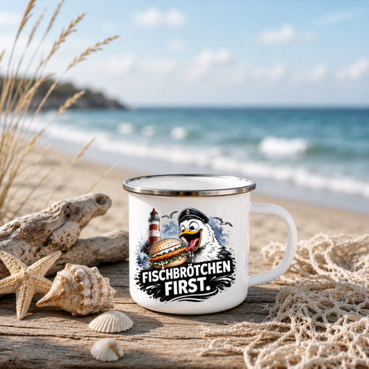 Fischbrötchen First |Emaille Tasse Lustige Möwe | Maritime Tasse Nordsee Ostsee