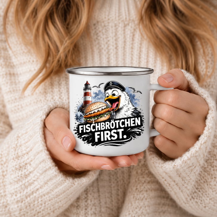Fischbrötchen First |Emaille Tasse Lustige Möwe | Maritime Tasse Nordsee Ostsee