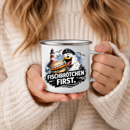 Fischbrötchen First |Emaille Tasse Lustige Möwe | Maritime Tasse Nordsee Ostsee