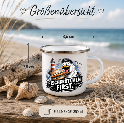Fischbrötchen First |Emaille Tasse Lustige Möwe | Maritime Tasse Nordsee Ostsee