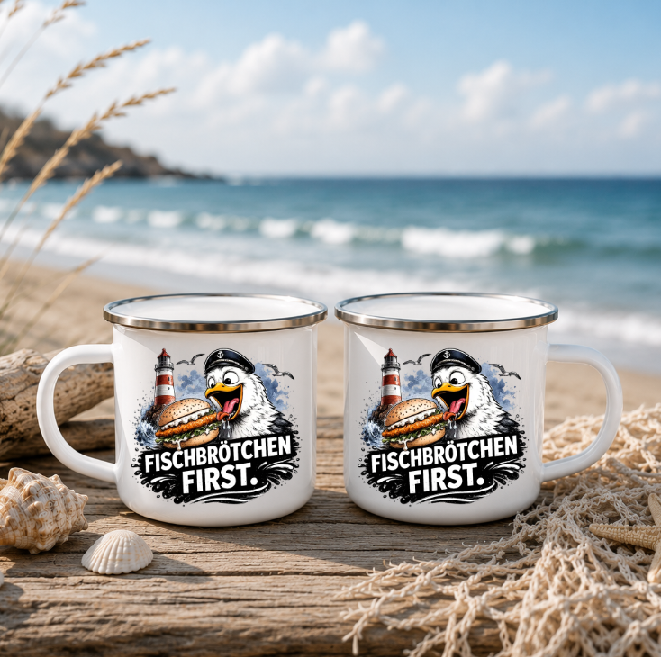 Fischbrötchen First |Emaille Tasse Lustige Möwe | Maritime Tasse Nordsee Ostsee