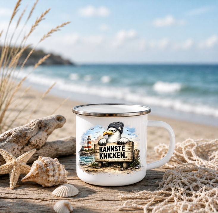 Kannste knicken |Emaille Tasse Lustige Möwe | Maritime Tasse Nordsee Ostsee