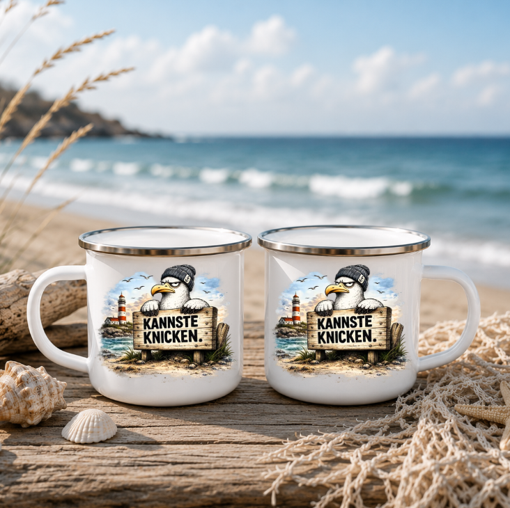 Kannste knicken |Emaille Tasse Lustige Möwe | Maritime Tasse Nordsee Ostsee