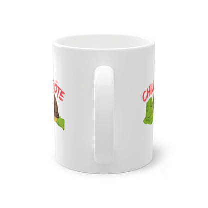 Seitenansicht der lustigen Chillkröte Tasse mit Schildkröten Motiv