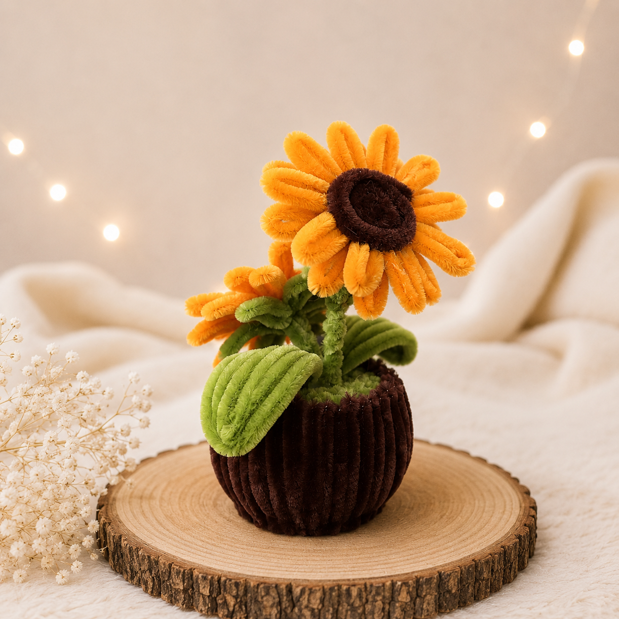 Handgefertigte Sonnenblume aus Chenilledraht im braunen Topf
