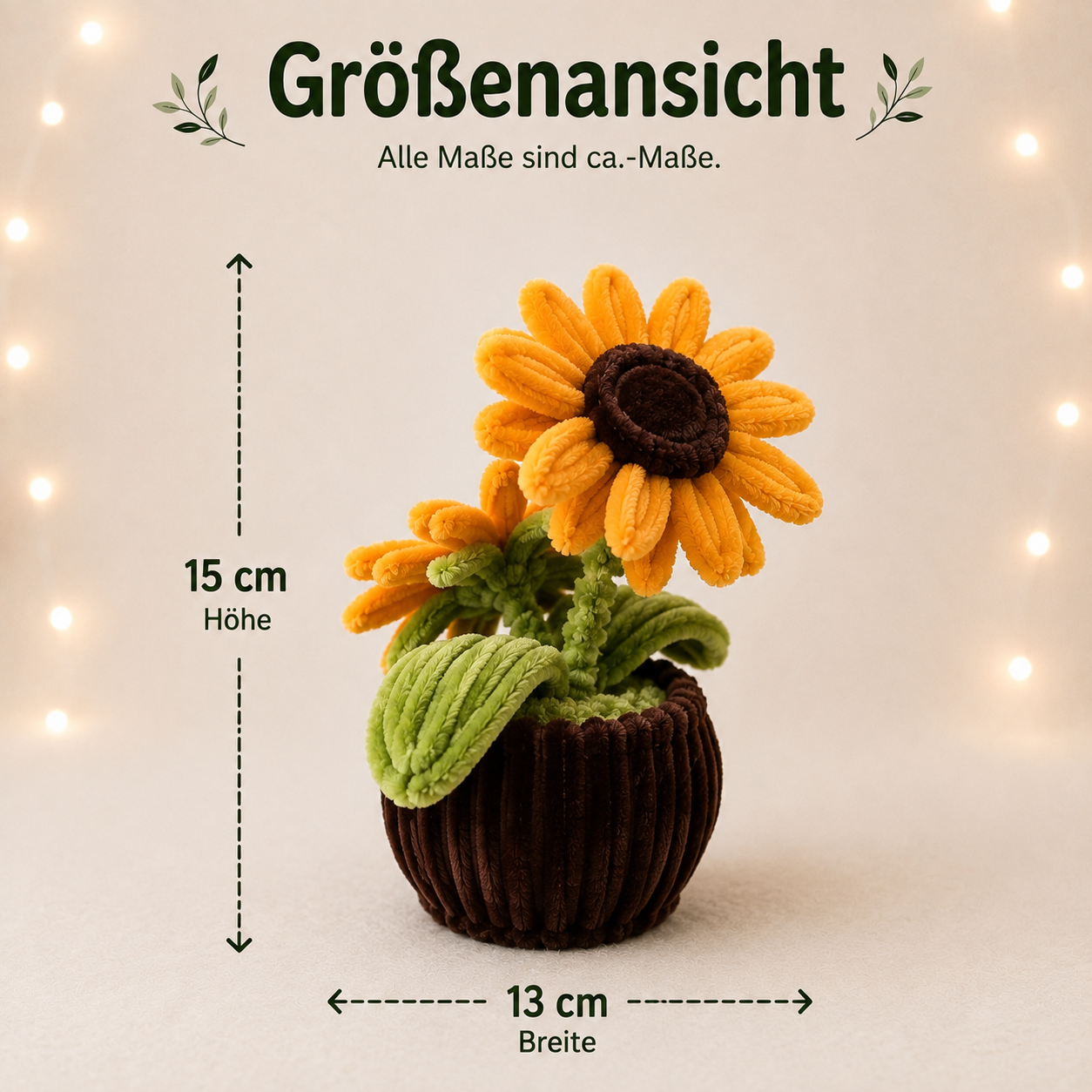 Größenansicht der Sonnenblume aus Chenilledraht mit ca. 15 cm Höhe und 13 cm Breite