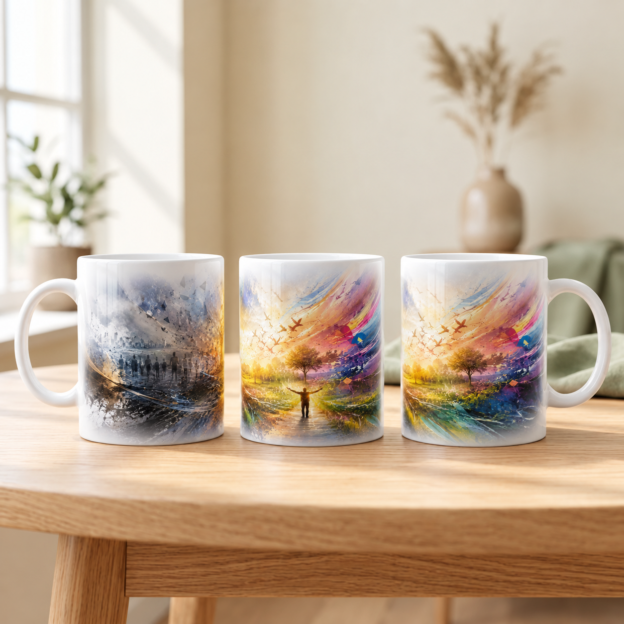 Tasse Vom Dunkel ins Licht mit farbenfrohem Motiv für Hoffnung und Neuanfang