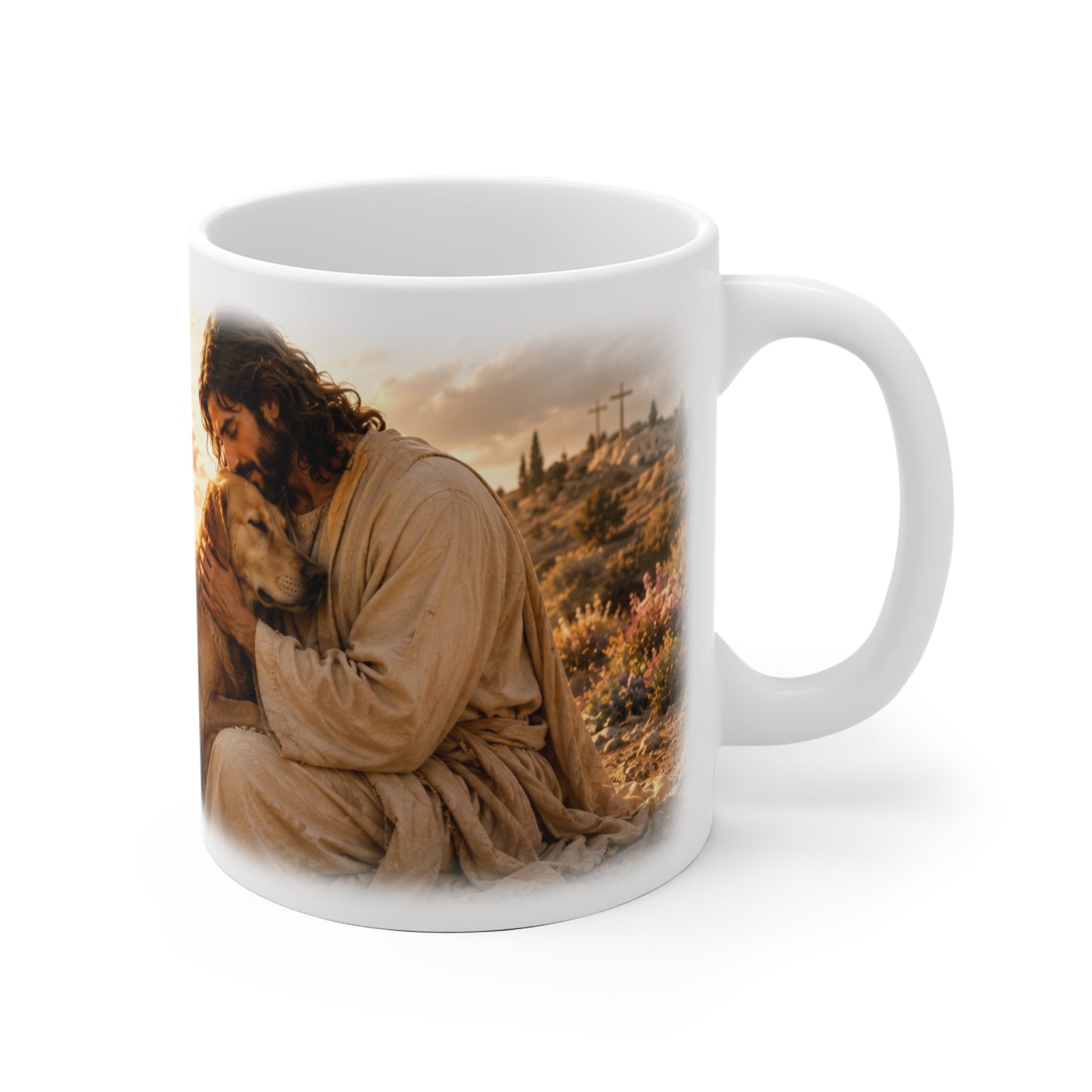 Tasse mit Jesus und Golden Retriever im Abendlicht als Geschenk für christliche Hundeliebhaber