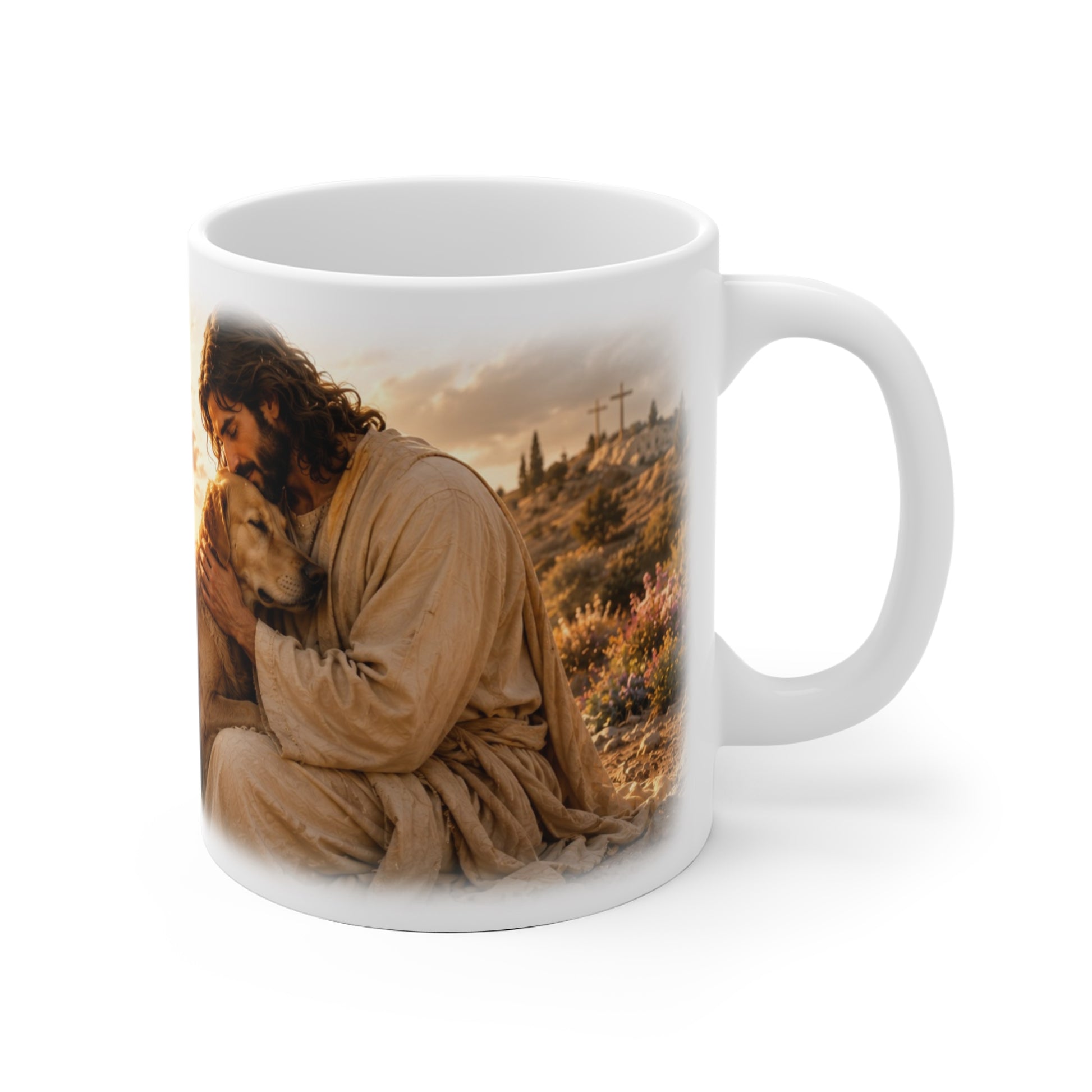 Tasse mit Jesus und Golden Retriever im Abendlicht als Geschenk für christliche Hundeliebhaber