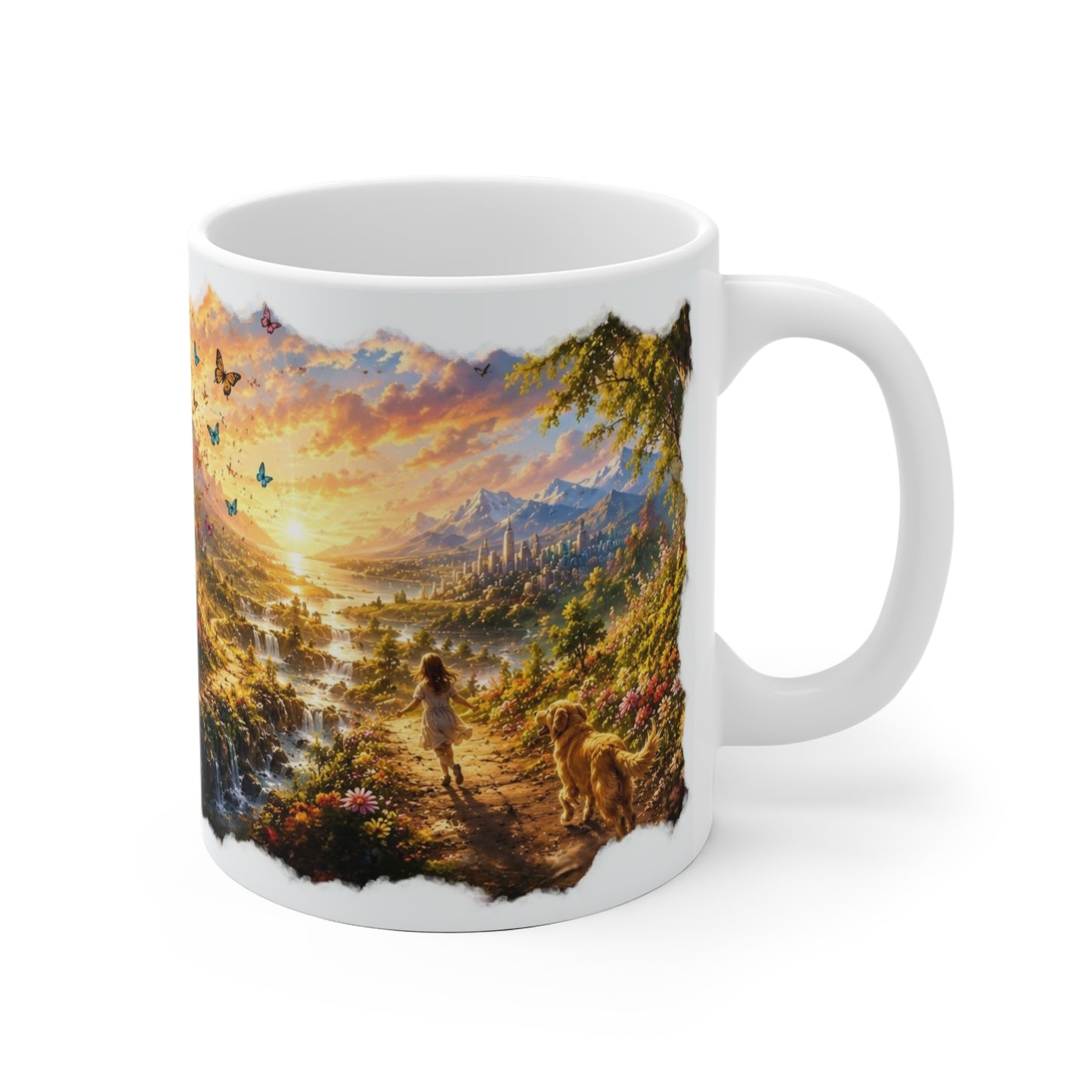 Tasse mit Schriftzug Choose Love Faith Hope Freedom You, leuchtendem Tor und hoffnungsvoller Landschaft