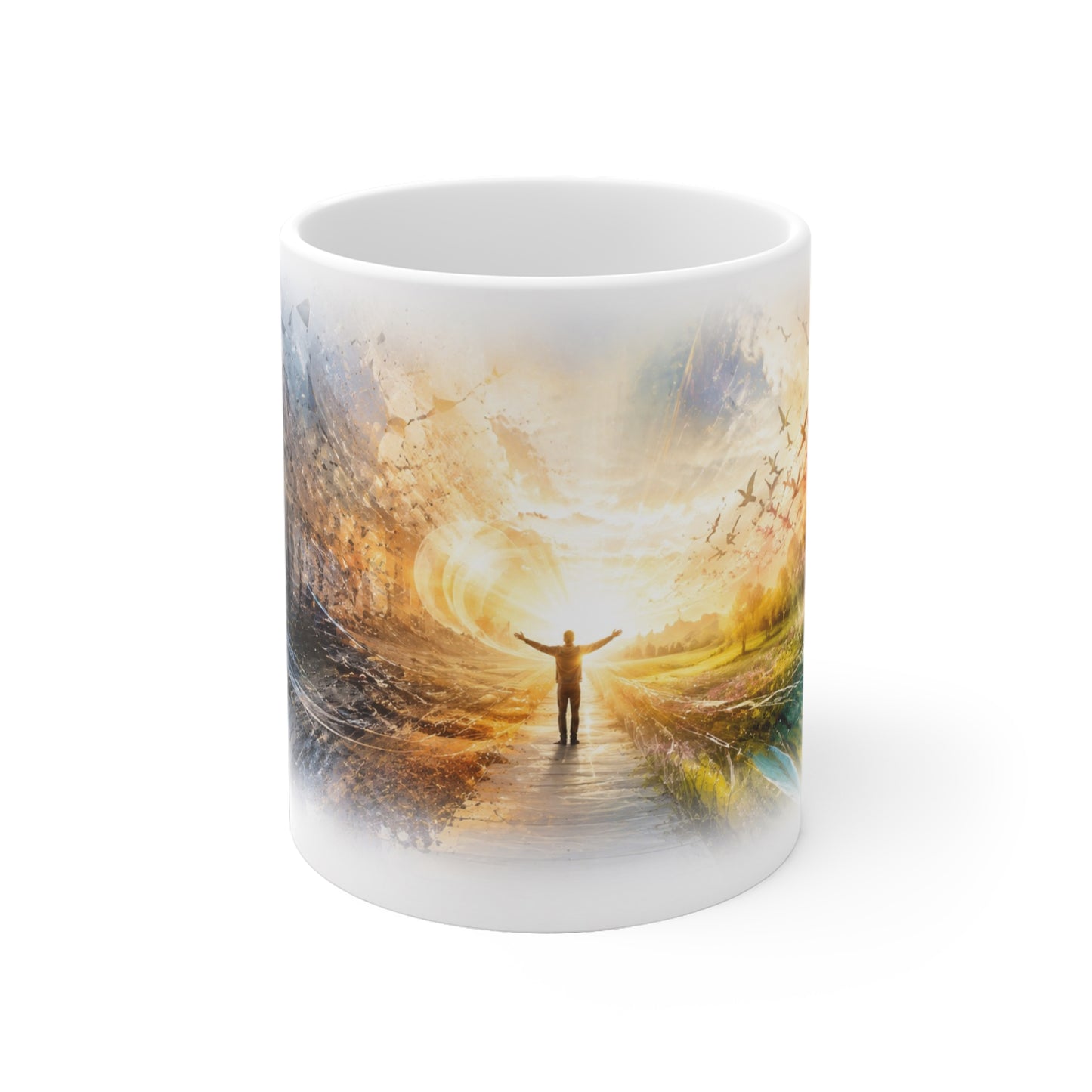 Tasse mit farbenfroher Landschaft, Baum und Vögeln als Symbol für Freiheit und Lebensfreude