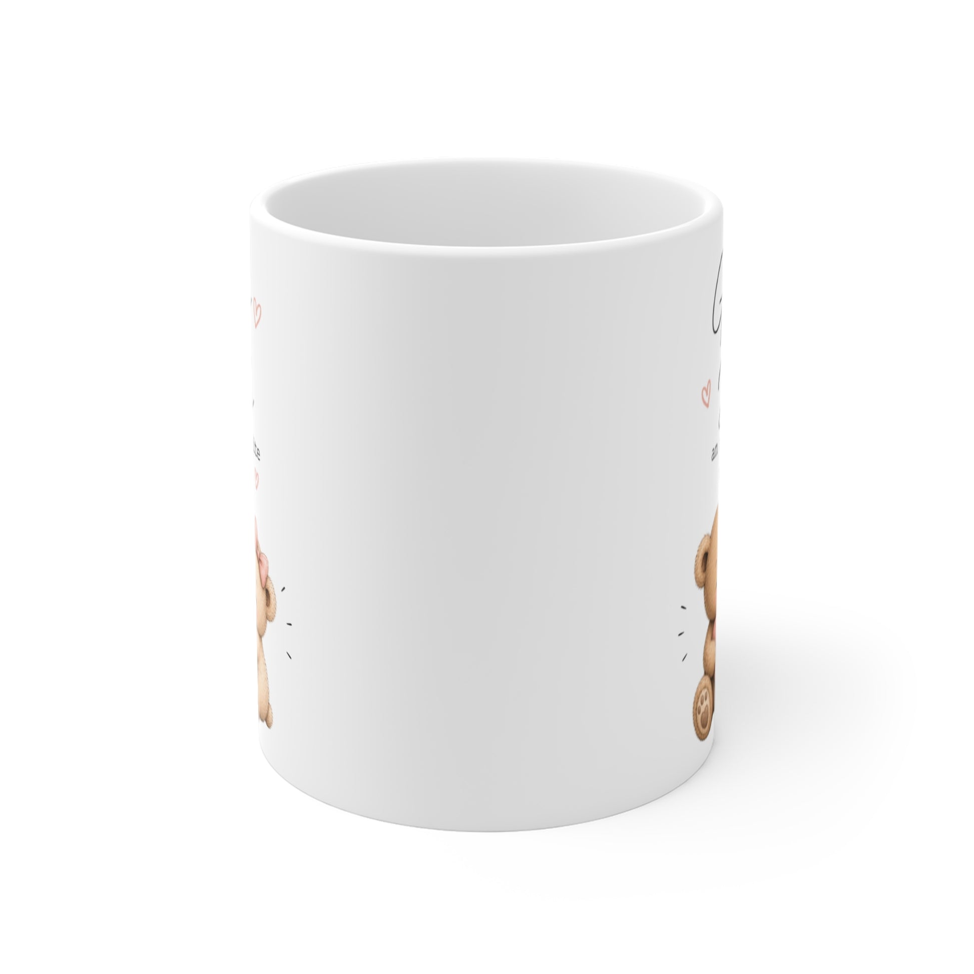 Rundumansicht der Tasse mit romantischem Teddy Paar Design