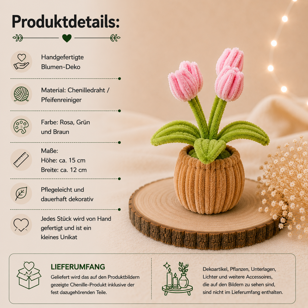 Produktdetails der handgefertigten Tulpen-Deko aus Chenilledraht in Rosa, Grün und Braun