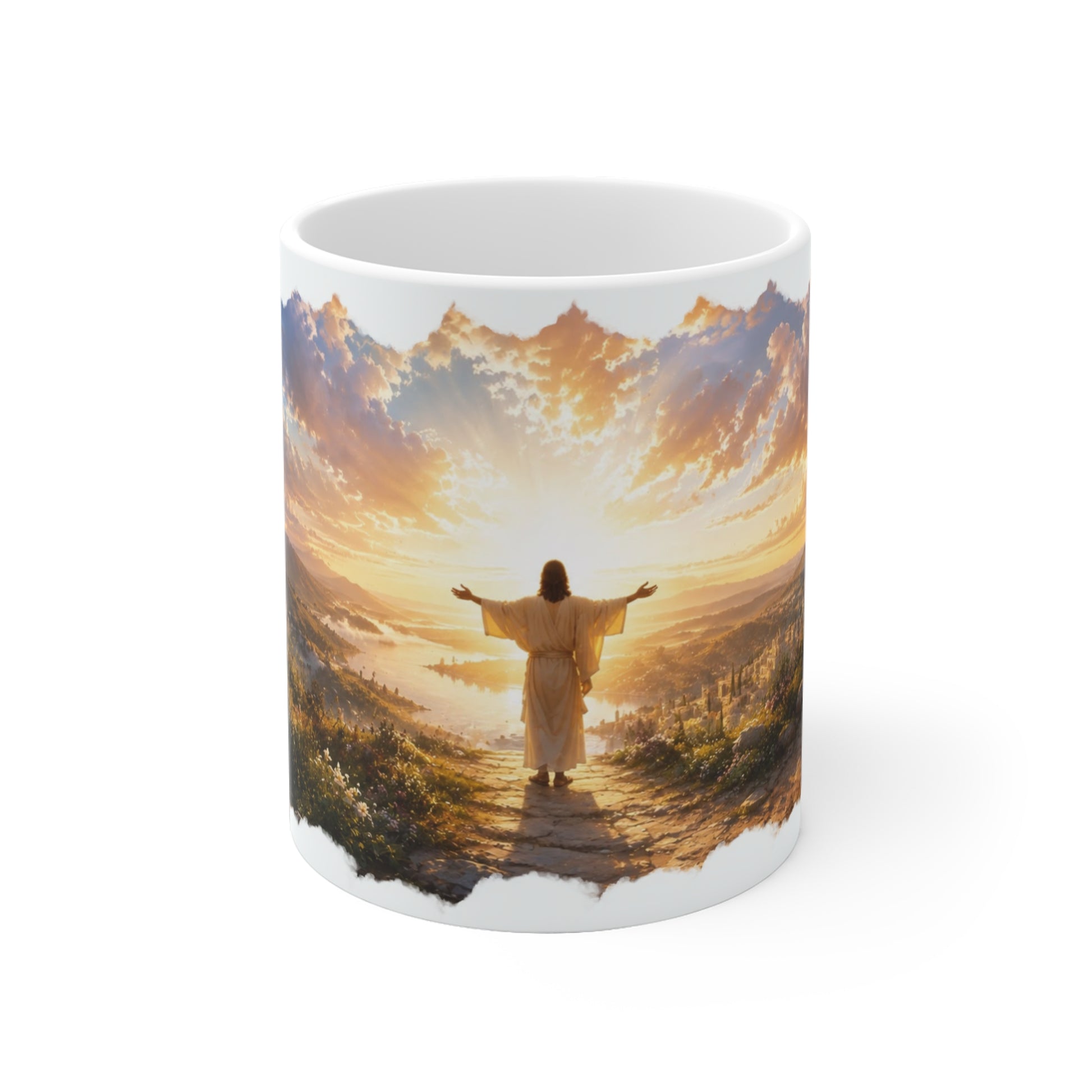 Vorderansicht einer Jesus Tasse mit ausgebreiteten Armen vor strahlendem Sonnenaufgang und Berglandschaft